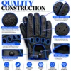 Men's Leather Driving Gloves black and blue quality construction close-ups showing perforated leather, stitching and lining