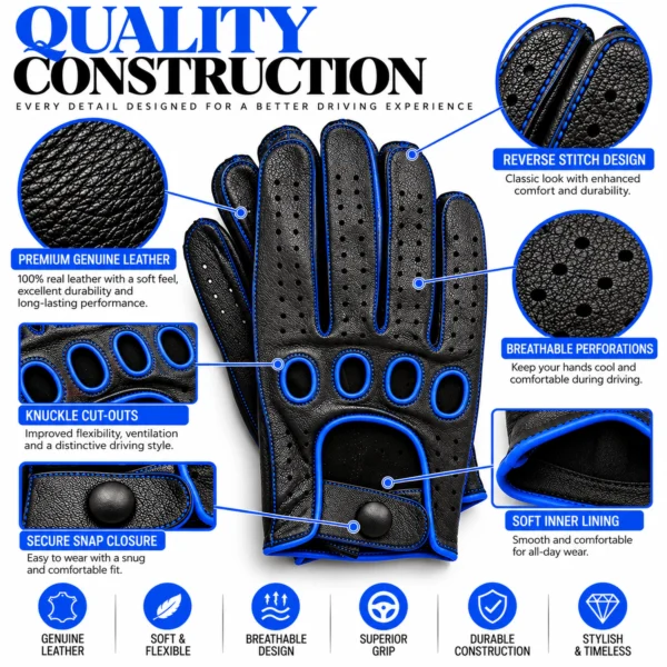 Men's Leather Driving Gloves black and blue quality construction close-ups showing perforated leather, stitching and lining