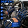 Men's Leather Driving Gloves black and blue worn on a car steering wheel with perforated fingers and secure wrist strap