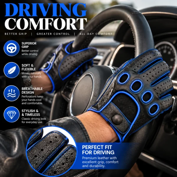 Men's Leather Driving Gloves black and blue worn on a car steering wheel with perforated fingers and secure wrist strap