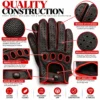 Men's Leather Driving Gloves black and red construction infographic featuring ventilation holes, leather seams and snap closure