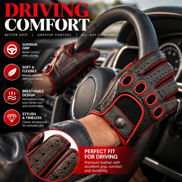 Men's Leather Driving Gloves black and red worn while driving with contrast stitching and perforated leather fingers
