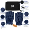 Leather Fingerless Driving Gloves in navy blue displayed front and palm side with black storage pouch, knuckle openings and adjustable wrist closure.