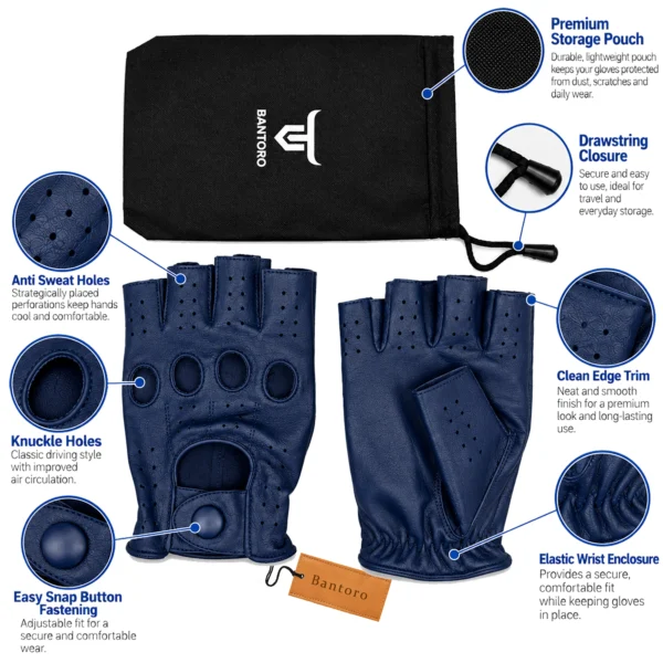 Leather Fingerless Driving Gloves in navy blue displayed front and palm side with black storage pouch, knuckle openings and adjustable wrist closure.