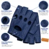 Leather Fingerless Driving Gloves in navy blue highlighting breathable holes, classic knuckle openings, clean edges and reinforced stitching.