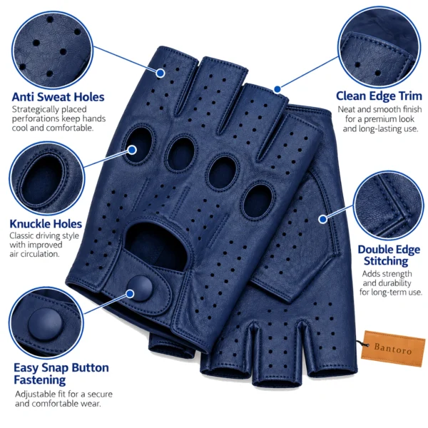 Leather Fingerless Driving Gloves in navy blue highlighting breathable holes, classic knuckle openings, clean edges and reinforced stitching.