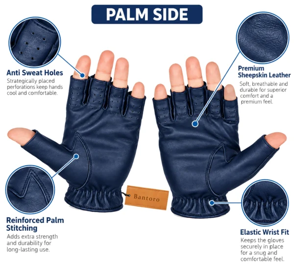 Leather Fingerless Driving Gloves in navy blue showing soft sheepskin palms, reinforced thumb seams and elasticated wrist construction.