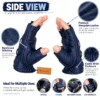 Leather Fingerless Driving Gloves in navy blue shown from the side with reinforced stitching and driving, cycling and gym activity illustrations.