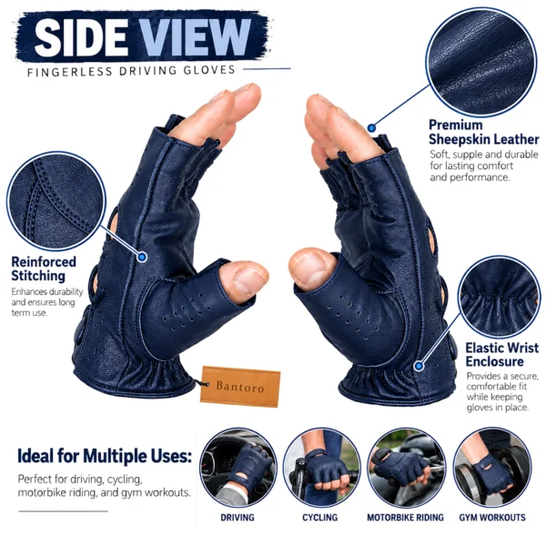 Leather Fingerless Driving Gloves in navy blue shown from the side with reinforced stitching and driving, cycling and gym activity illustrations.