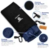 Leather Fingerless Driving Gloves in navy blue partially stored in a black branded drawstring pouch with perforated leather and snap-button details.