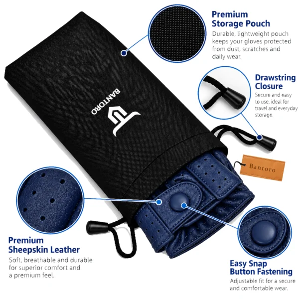 Leather Fingerless Driving Gloves in navy blue partially stored in a black branded drawstring pouch with perforated leather and snap-button details.