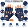 Leather Fingerless Driving Gloves in navy blue worn on both hands with exposed fingertips, ventilated knuckle holes and secure wrist fastenings.