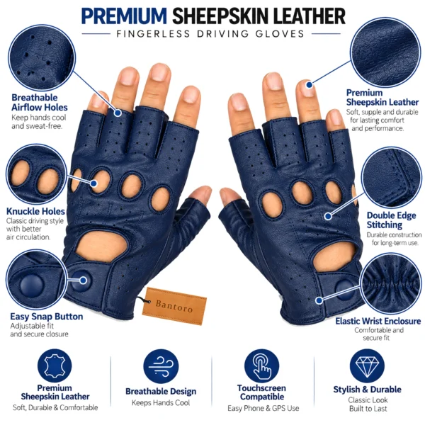 Leather Fingerless Driving Gloves in navy blue worn on both hands with exposed fingertips, ventilated knuckle holes and secure wrist fastenings.