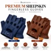 Leather Fingerless Driving Gloves for men in navy blue and brown premium genuine sheepskin leather, featuring breathable perforations, knuckle holes and adjustable snap-button wrist closures.