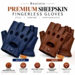 Leather Fingerless Driving Gloves for men in navy blue and brown premium genuine sheepskin leather, featuring breathable perforations, knuckle holes and adjustable snap-button wrist closures.