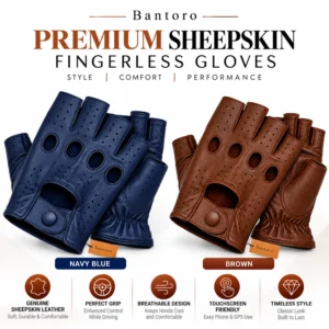 Leather Fingerless Driving Gloves for men in navy blue and brown premium genuine sheepskin leather, featuring breathable perforations, knuckle holes and adjustable snap-button wrist closures.