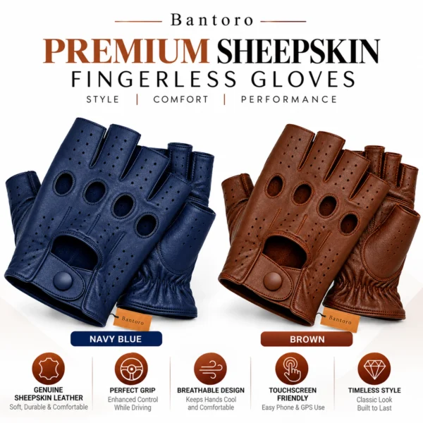 Leather Fingerless Driving Gloves for men in navy blue and brown premium genuine sheepskin leather, featuring breathable perforations, knuckle holes and adjustable snap-button wrist closures.